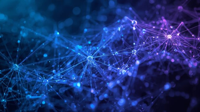 Abstract network of connected nodes with glowing lines in shades of blue and purple gradient style