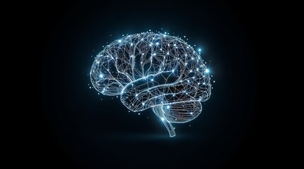 Glowing digital brain illustration with connected nodes on a dark black background design concept