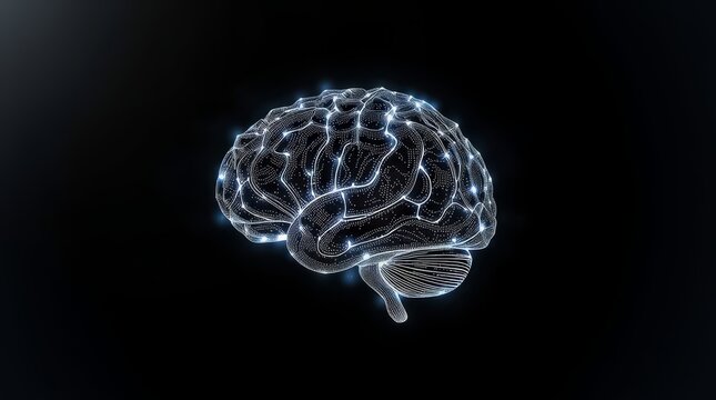 Glowing digital brain illustration with neural network connections on a black background design element