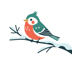 Obraz premium Cute cartoon robin bird sitting on a snowy branch in winter