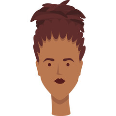 Stylized illustration of a woman's face with brown hair styled in a high bun and maroon lipstick against a transparent background showcasing a simple graphic portrait.