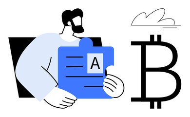 Bearded man holding blue puzzle piece with text, placed beside large Bitcoin symbol and small cloud. Ideal for finance, cryptocurrency, blockchain, innovation, investment, technology simplicity. A