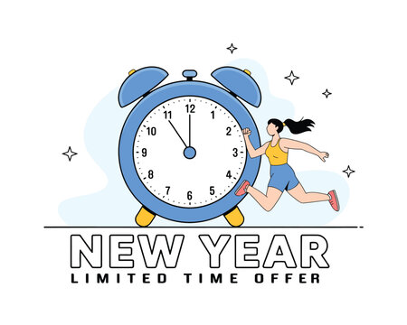 Woman running towards a clock with new year limited time offer text