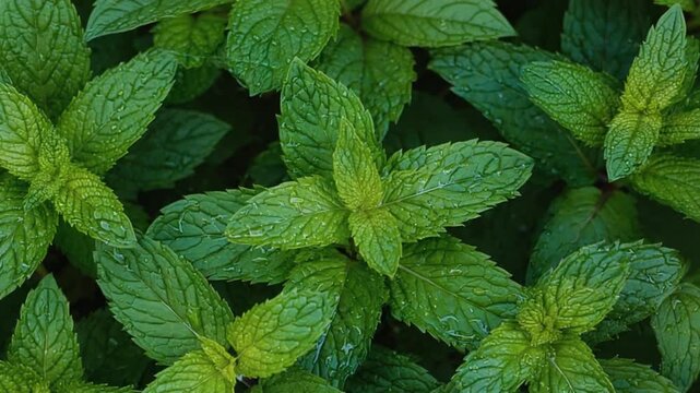 Close up of vibrant green mint leaves with water droplets creating a fresh and natural texture