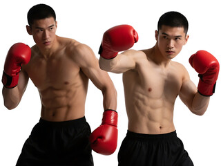 Two shirtless men in boxing gloves and shorts, posing in fighting stances, showcasing muscular bodies.