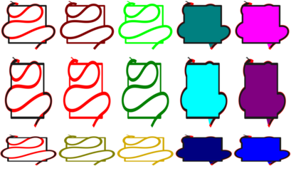 A grid of fifteen abstract, stylized shapes resembling chairs or containers, featuring various outlines, fills, and wavy interior lines in multiple colors.