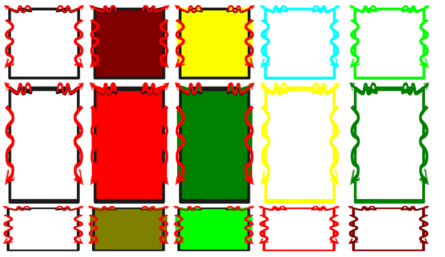 An array of colorful bordered rectangles with decorative edges.