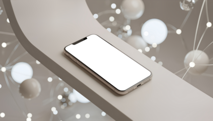 Digital smartphone mockup on a minimal display stand with an abstract background of interconnected glowing spheres representing network connectivity and technology.