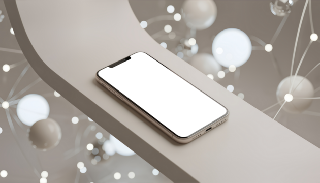 Digital smartphone mockup on a minimal display stand with an abstract background of interconnected glowing spheres representing network connectivity and technology.