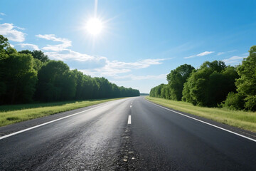 Fototapeta premium A sunny road stretches ahead with green trees lining both sides under a clear blue sky, presenting a serene outdoor landscape.