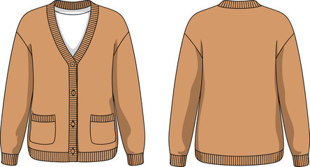 Brown cardigan sweater front and back view, CAD drawing, flat vector illustration, knitwear template, button‑down fashion design, casual garment sketch, editable outfit