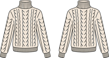 Cable‑knit turtleneck sweater front and back view, CAD drawing, flat vector illustration, winter knitwear template, cozy apparel design, cold weather garment sketch