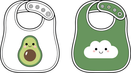 CAD drawing flat vector illustration of baby bib set with cartoon avocado and cloud design, snap closure, infant toddler feeding clothing accessory