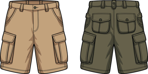 CAD drawing flat vector illustration of cargo shorts set with flap pockets, belt loops, button closure, casual summer fashion design in multiple colors