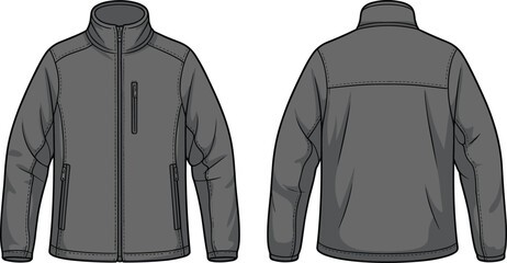CAD drawing flat vector illustration of dark gray technical jacket with high collar, zipper front, multiple zip pockets, outdoor functional casual fashion design