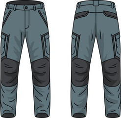 CAD drawing flat vector illustration of gray tactical utility pants with reinforced knees, cargo pockets, zip pockets, belt loops, durable outdoor workwear