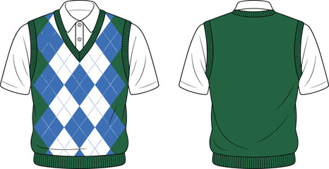 CAD drawing flat vector illustration of green argyle sweater vest layered over white collared shirt, diamond pattern knitwear, preppy school fashion design