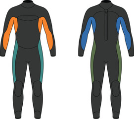 CAD drawing flat vector illustration of full body wetsuits with colored panels, knee pads, zipper entry, surfing diving water sports neoprene clothing design