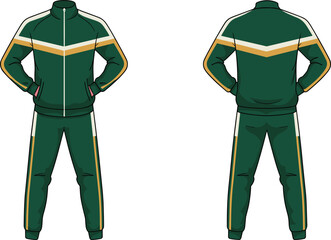CAD drawing flat vector illustration of green athletic tracksuit with zip jacket, tapered pants, chevron stripes, side pockets, sportswear fashion design