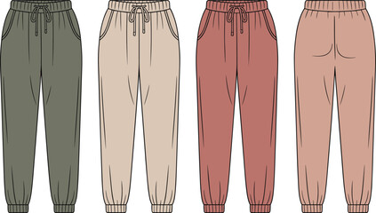CAD drawing flat vector illustration of jogger pants with drawstring waistband, elastic cuffs, side pockets, seam detailing, multiple color fashion design set
