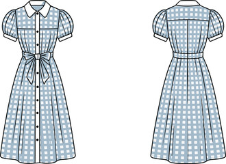 CAD drawing flat vector illustration of light blue checkered dress with puff sleeves, pointed collar, waist belt bow, button front design