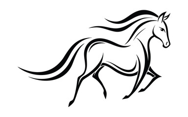 Elegant black and white line drawing of a galloping horse