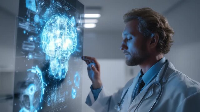 Professional physician examines glowing virtual brain interface, utilizing cutting edge AI tools for neurological analysis. Innovative digital solutions enhance precision in medical research