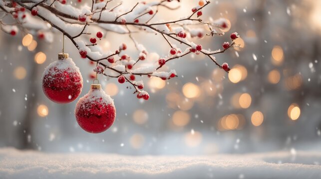 Red Christmas ball hanging from a leafless branch in winter with bokeh lights in the background