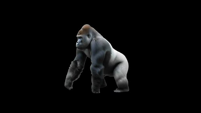 3D Western gorilla Slowly Walking Loop animation with side View on black Screen, 4K Mountain gorilla walking with alpha channel clip. perfect for video editing, VFX, and creative cinematic projects