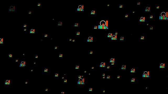 Scattered Digital Icons with Search and Data Visualization. Business grow charts with random premium research particles 4k animation.