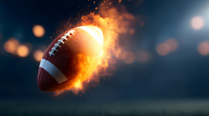 American football ball ablaze with fire and smoke. Dynamic sports concept for championship games and athletic performance.