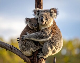 Obraz premium Uma mamma Koala, teneramente abbracciato al suo piccolo, mentre dall'albero, guardano l'infinito...