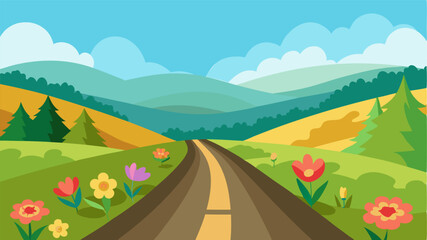 Fototapeta premium A quiet country road flanked by colorful wildflowers and offering glimpses of rolling hills in the distance.