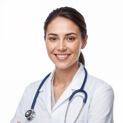 Female doctor with stethoscope smiling isolated on pure white background