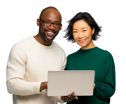 Diverse businesspeople smiling and holding open laptop, isolated on white or transparent background