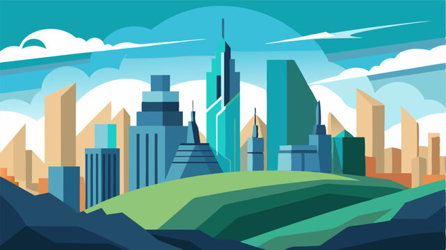 A concrete landscape with towering buildings reaching for the clouds and a bustling metropolis below.