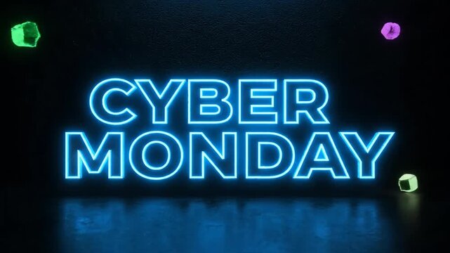 Blue neon cyber monday text with falling confetti shards. Digital holiday sales advertisement concept animation footage. - Powered by Adobe