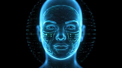 Blue glowing wireframe of a woman's face showing data processing and digital identity scanning. Artificial intelligence concept animation. - Powered by Adobe