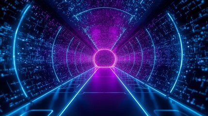 A futuristic tunnel with neon lights and circular patterns in shades of blue and purple creating depth