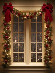 A Beautifully Decorated Window for the Holiday Season, Adorned with Festive Greenery, Red Ribbons, and Shimmering Ornaments, Creating a Cozy Atmosphere.