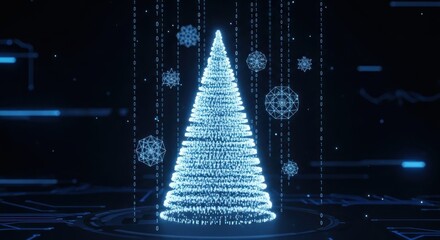 Blue digital Christmas tree with falling snowflakes against a techy dark blue background