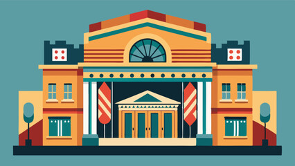 A grand theater with intricate architecture and a marquee advertising the latest play or musical.