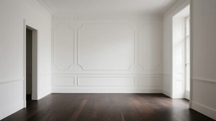 An empty room featuring white walls and dark wooden flooring, showcasing a minimalist interior design.