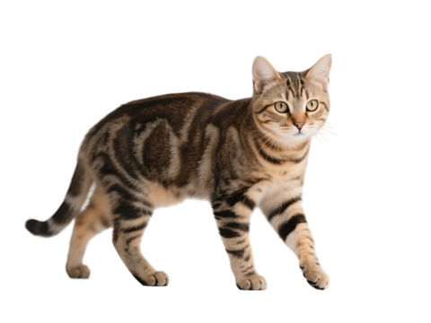 A domestic cat with striking striped fur is shown walking, showcasing its elegant posture and distinct markings.