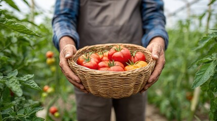 Farmer holding a basket of fresh, ripe tomatoes harvested from the abundant greenhouse garden.