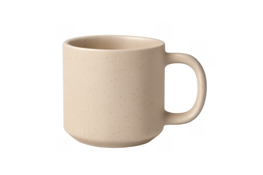 Beige ceramic coffee mug speckled surface on transparent background