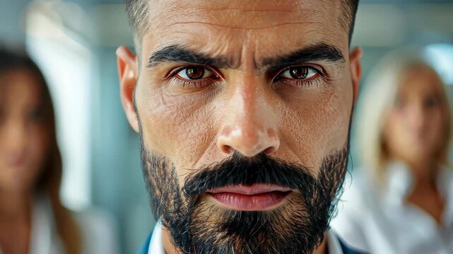 Intense Focus: A confident man, the epitome of power and poise, locks his gaze directly at the viewer, his focused stare speaks volumes of determination.