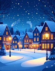 雪が降る街並み　冬の風景クリスマスイラスト素材