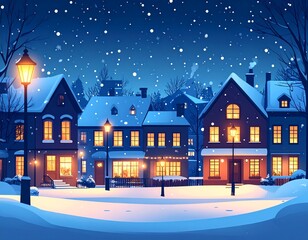 雪が降る街並み　冬の風景クリスマスイラスト素材