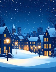 雪が降る街並み　冬の風景クリスマスイラスト素材